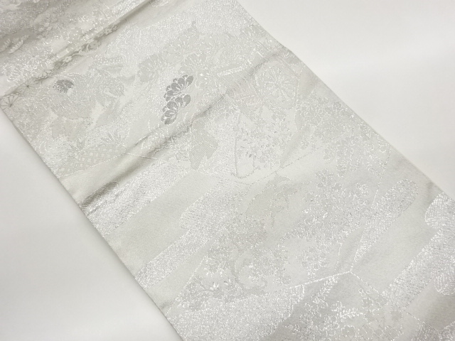 JAPANESE KIMONO / FUKURO OBI / PLATINIUM FOIL / GOSHO CART & TRADITIONAL PATTERN 